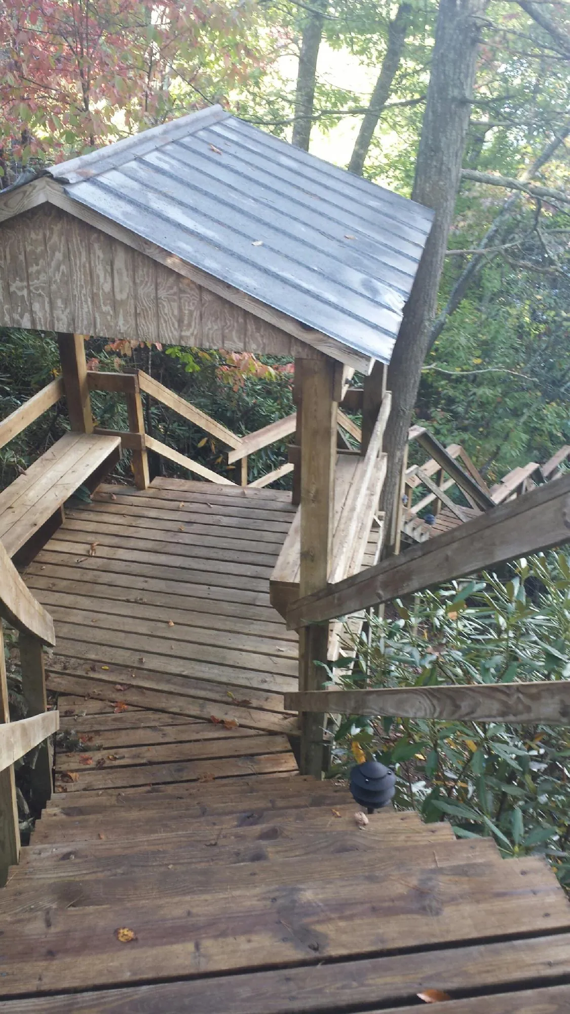 Metal roofed shelter over wooden steps on a wooded walkway — Skylight Repair & Installation work by our crew in Chapmansboro